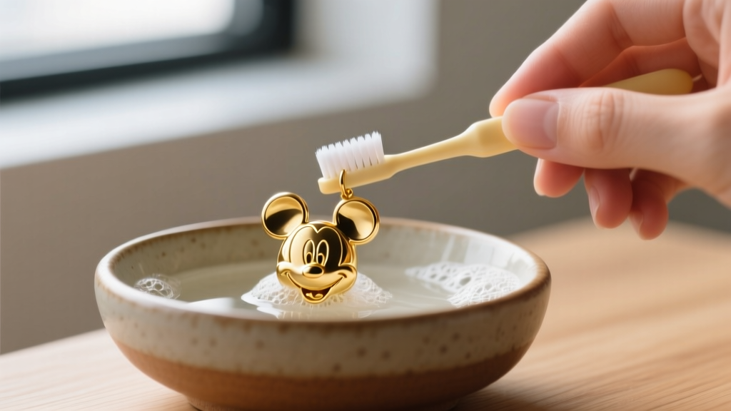Hands gently brushing a gold Mickey Mouse earring with an extra-soft baby toothbrush and soapy water in a small ceramic bowl.