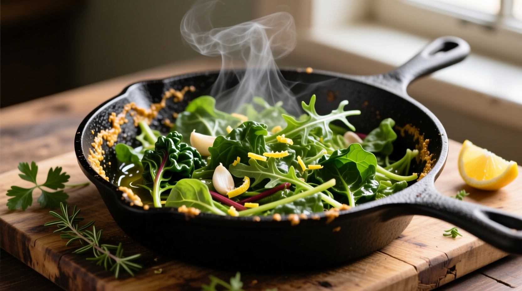 Freshly cooked mixed greens in cast iron skillet