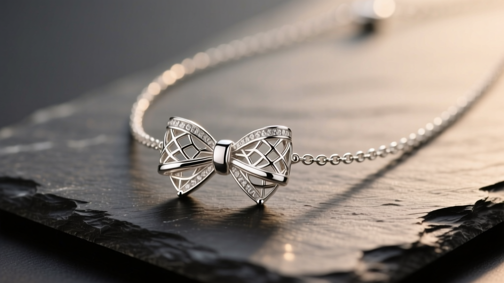 A .925 silver bow necklace resting on dark slate, showing intricate metal weaving and soft reflections under warm studio lighting