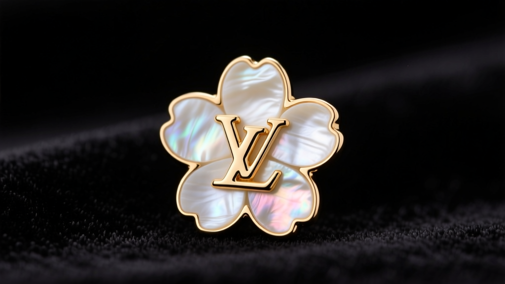 Macro shot of an LV Color Blossom earring featuring white mother-of-pearl inlay set in polished gold-plated brass on dark velvet