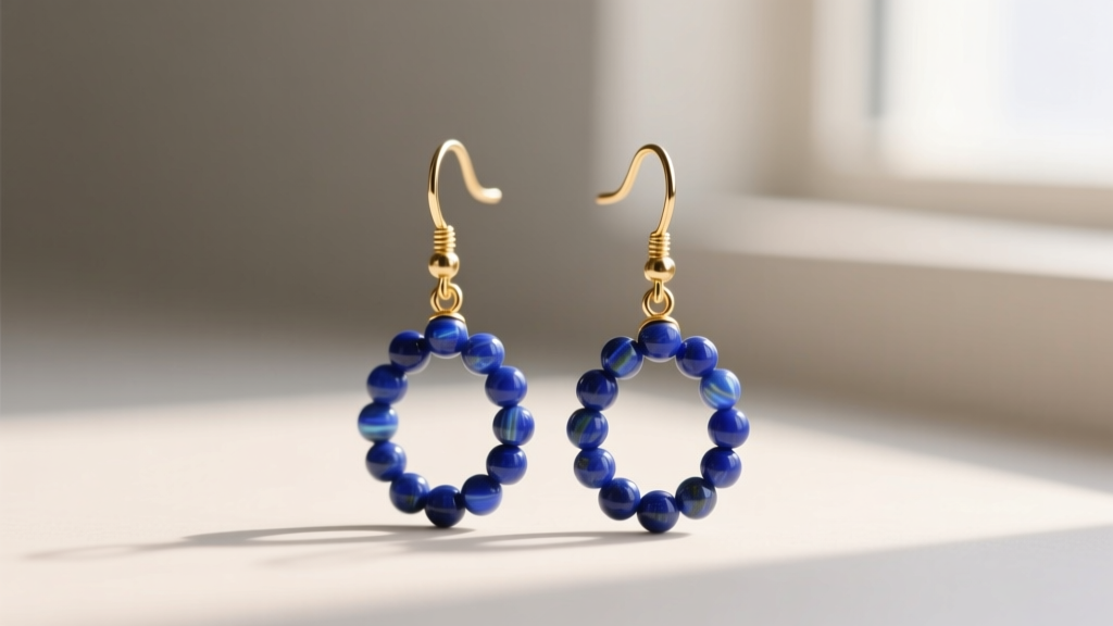 Side profile of finished beaded drop earrings with 4mm lapis lazuli rounds and 14/20 gold-filled leverback findings
