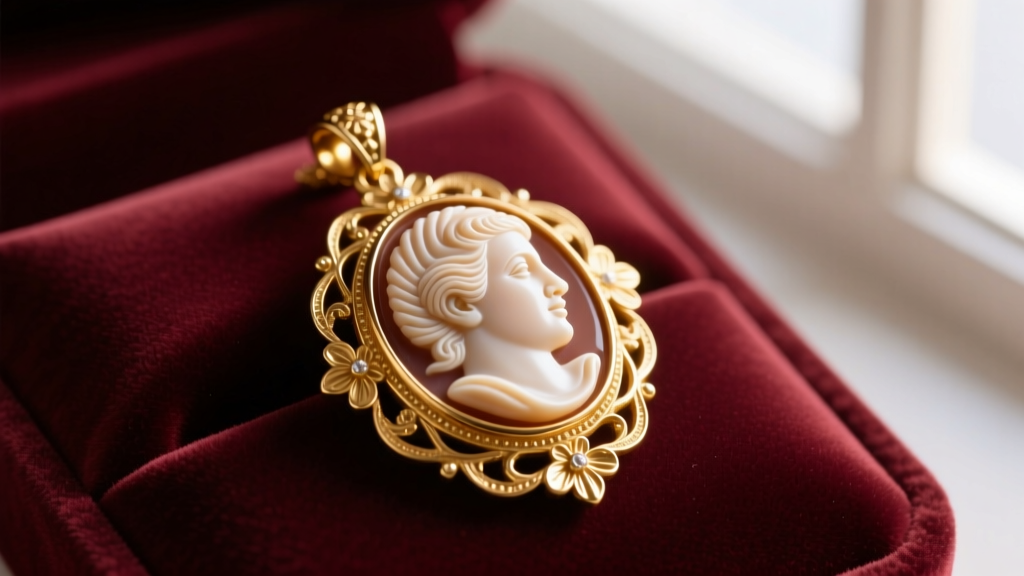 Vintage Krementz gold-filled cameo pendant on velvet, showing the carved shell profile and an intricate floral gold bezel setting.