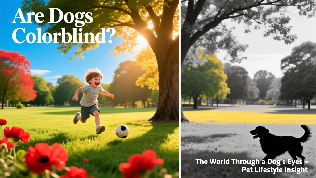 Side-by-side comparison showing how a human sees a colorful park scene versus how a dog perceives the same scene with muted reds and greens