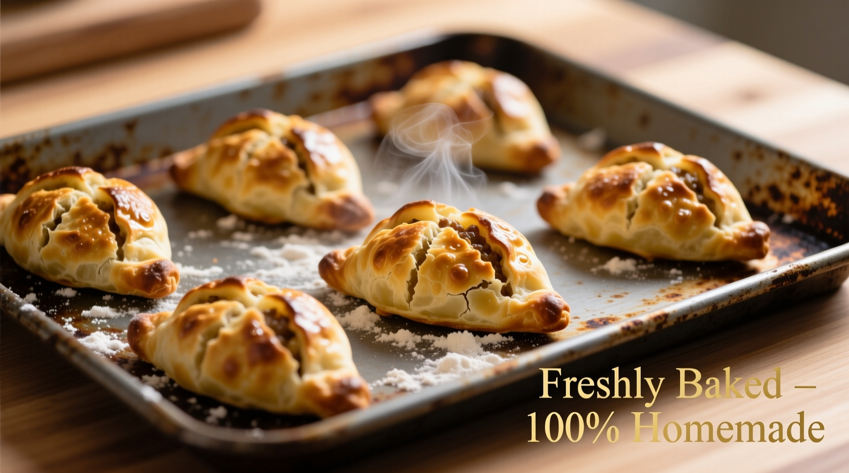 Golden brown potato knishes on baking sheet