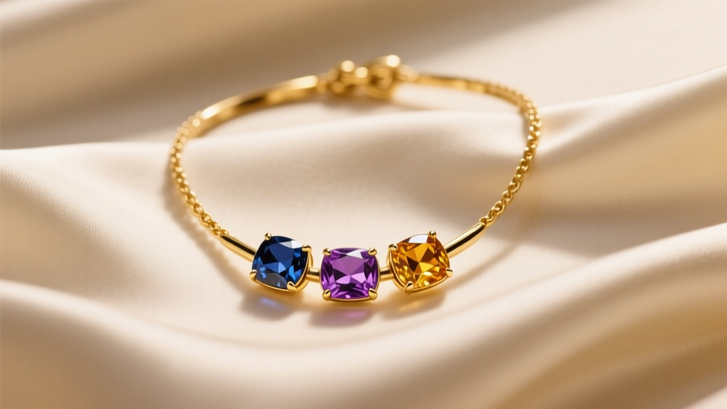 14k yellow gold necklace with three bezel-set birthstone gems resting elegantly on soft cream silk fabric in warm lighting