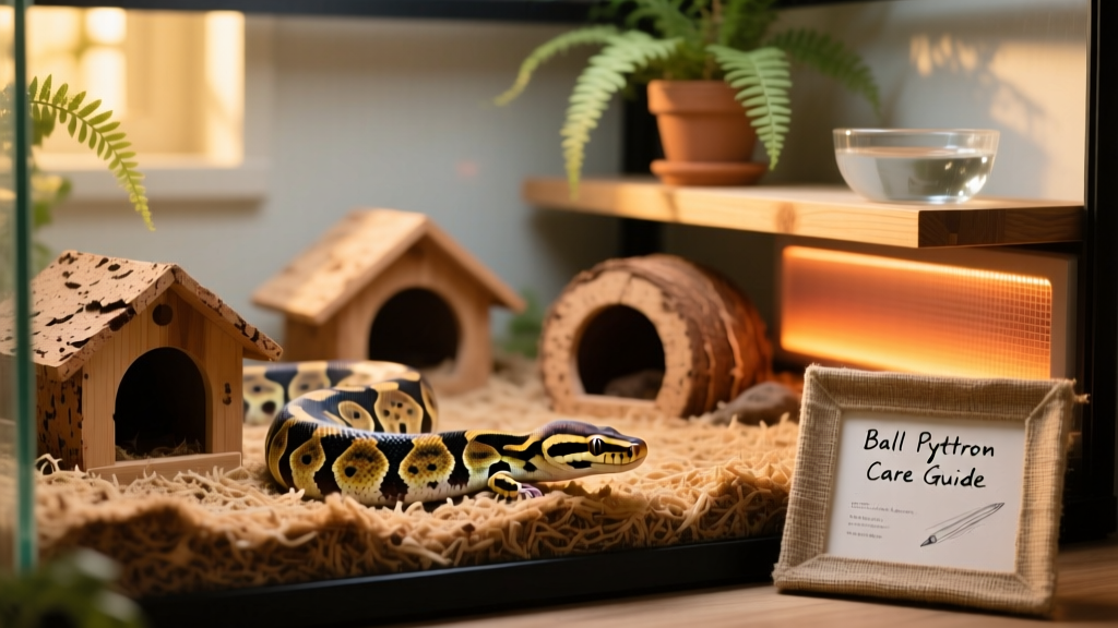A well-set-up ball python enclosure with hides, substrate, and temperature gradient
