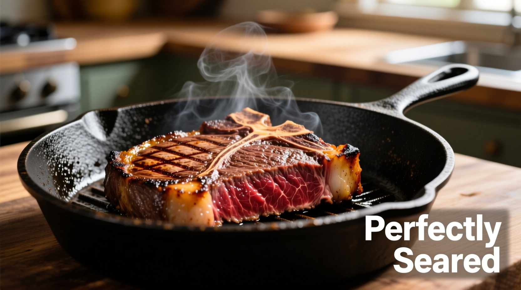 Perfectly seared steak on cast iron skillet with golden crust
