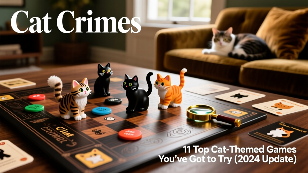 Close-up of the FurPetVo Cat Crimes game board showing colorful cat tokens, clue cards, and a magnifying glass token on a sleek detective-themed board