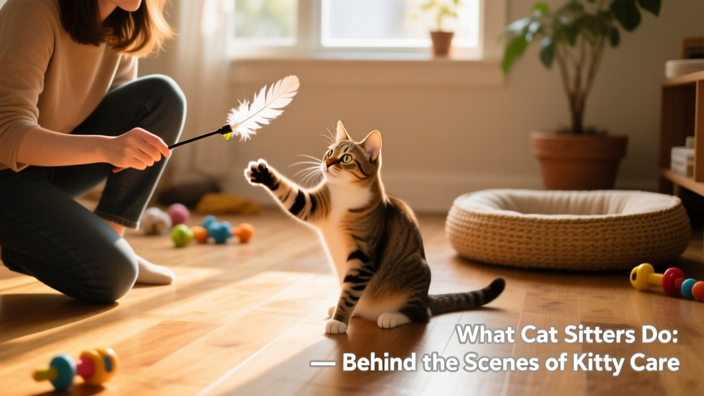 A cat sitter crouching playfully with a cat holding a feather wand toy.