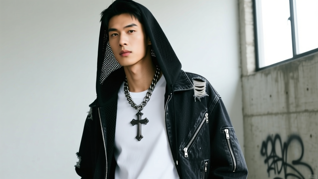 A male model wearing layered streetwear featuring a thick curb chain with an iron cross pendant over a plain white t-shirt