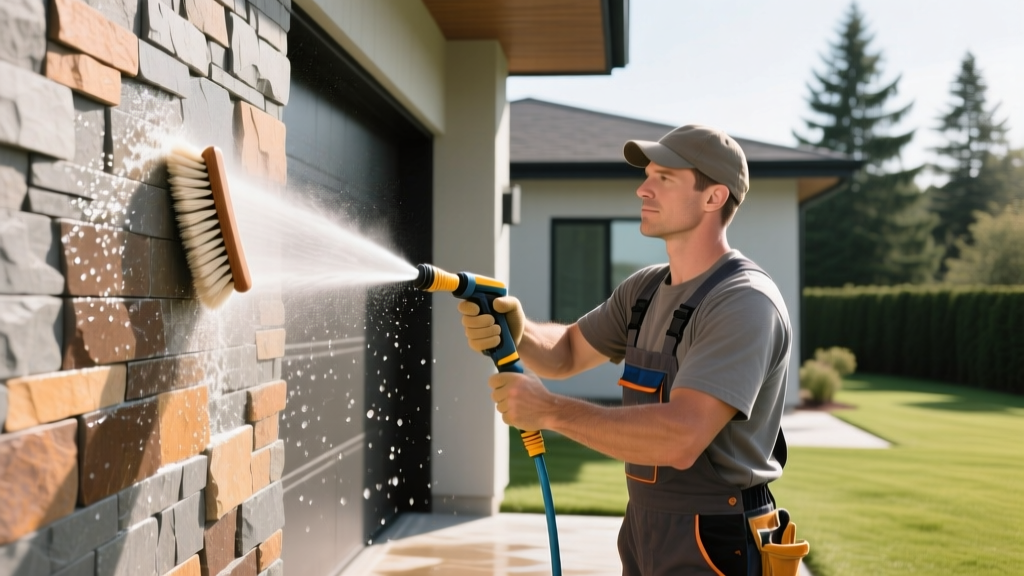 Contractor using a soft nylon brush and low-pressure washer to clean manufactured stone veneer on a modern home exterior wall