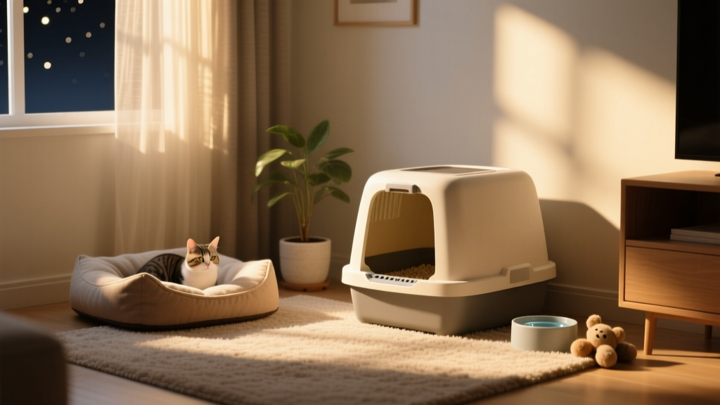 Clean, accessible litter box placed in a quiet corner with soft lighting