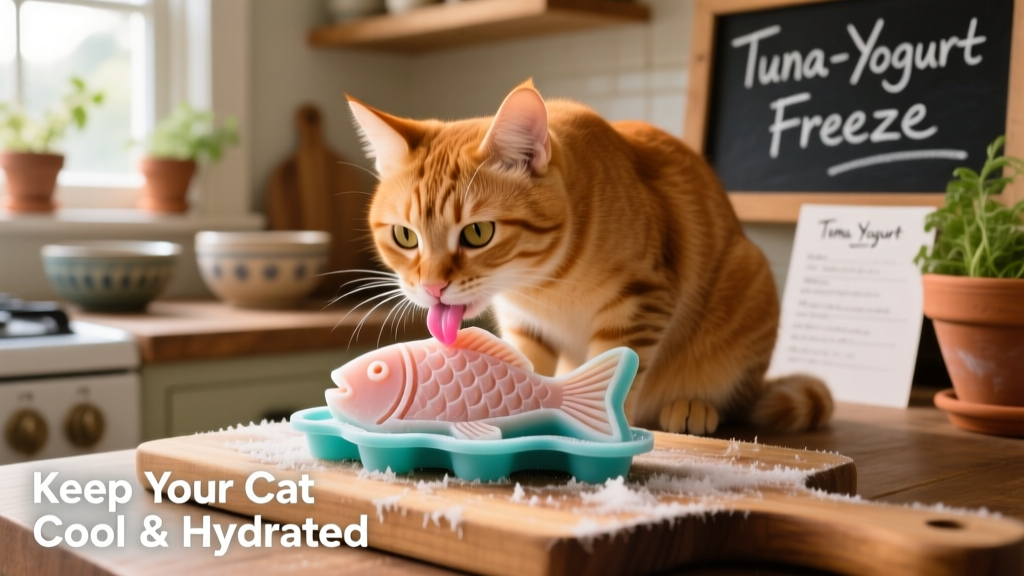 A cat delicately licking a frozen tuna-yogurt treat from a silicone mold