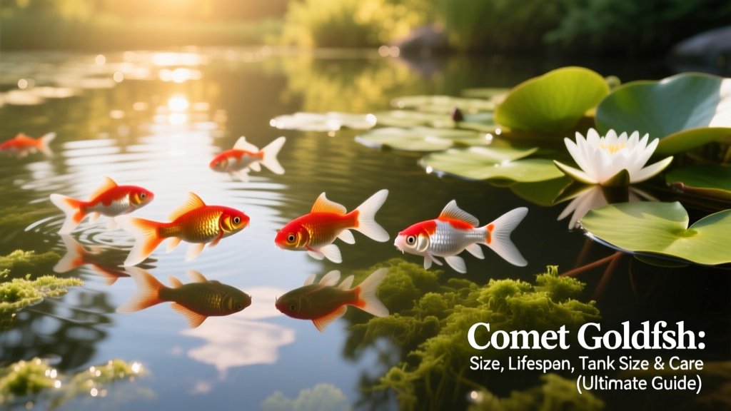 A serene outdoor pond featuring multiple Comet goldfish gliding through clear water among water lilies and submerged vegetation