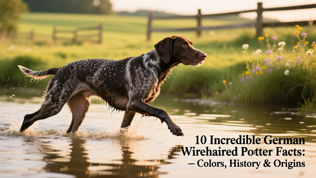 A German Wirehaired Pointer swimming confidently through shallow water, demonstrating its water-repellent coat and strong, athletic build