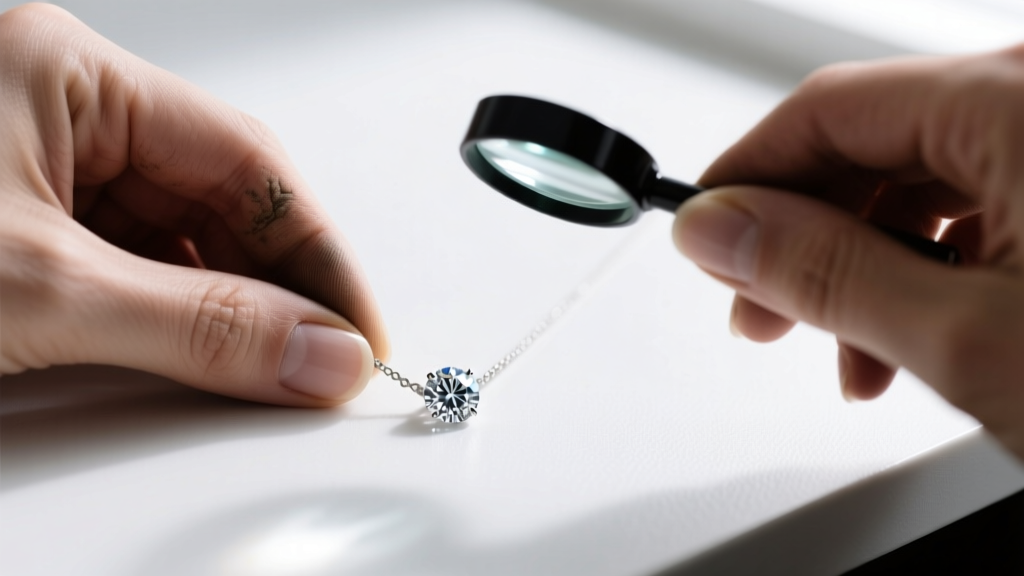 Macro shot of a jeweler examining a small round brilliant melee diamond for a cross necklace setting on a bright white workbench.
