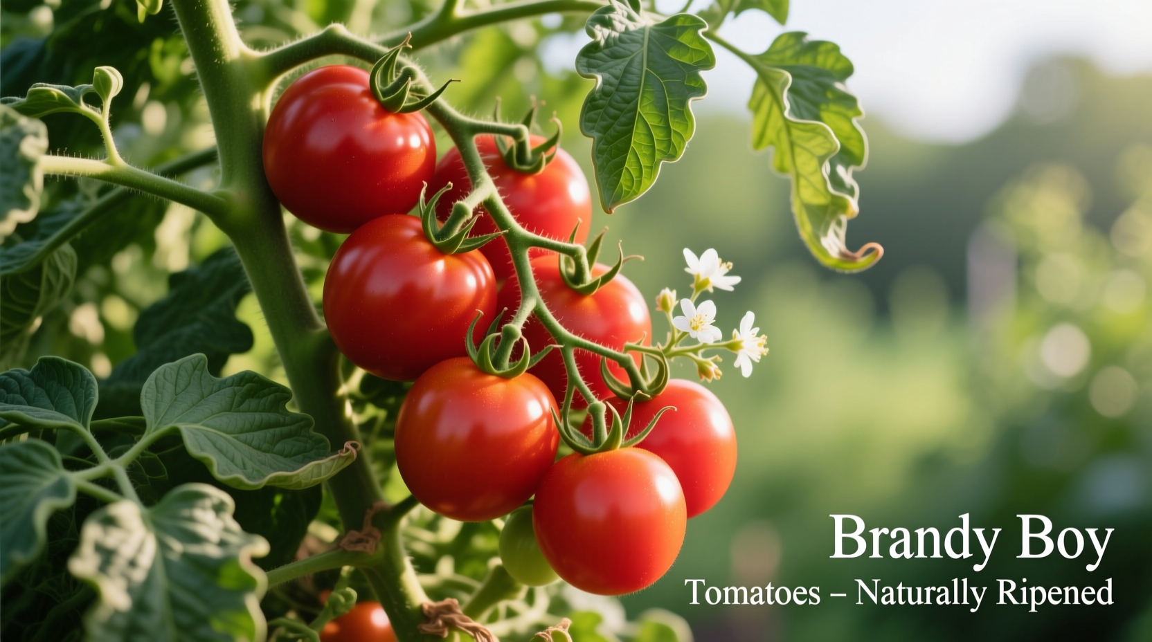 Ripe Brandy Boy tomatoes on vine with healthy foliage