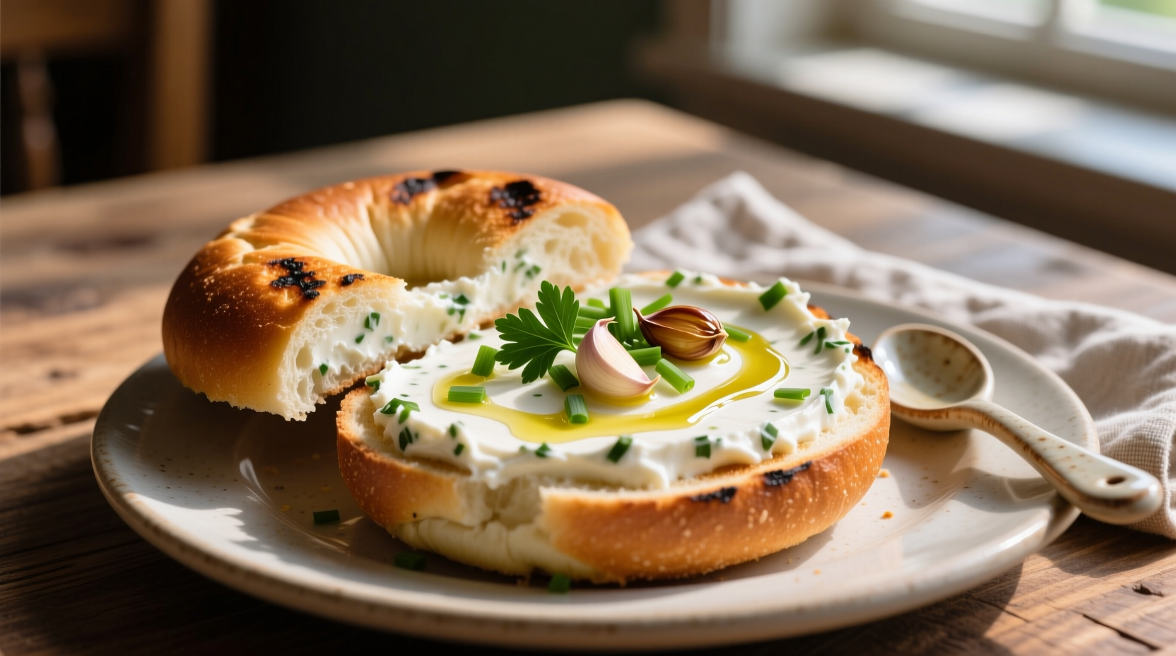 Homemade garlic and herb cream cheese spread on bagel