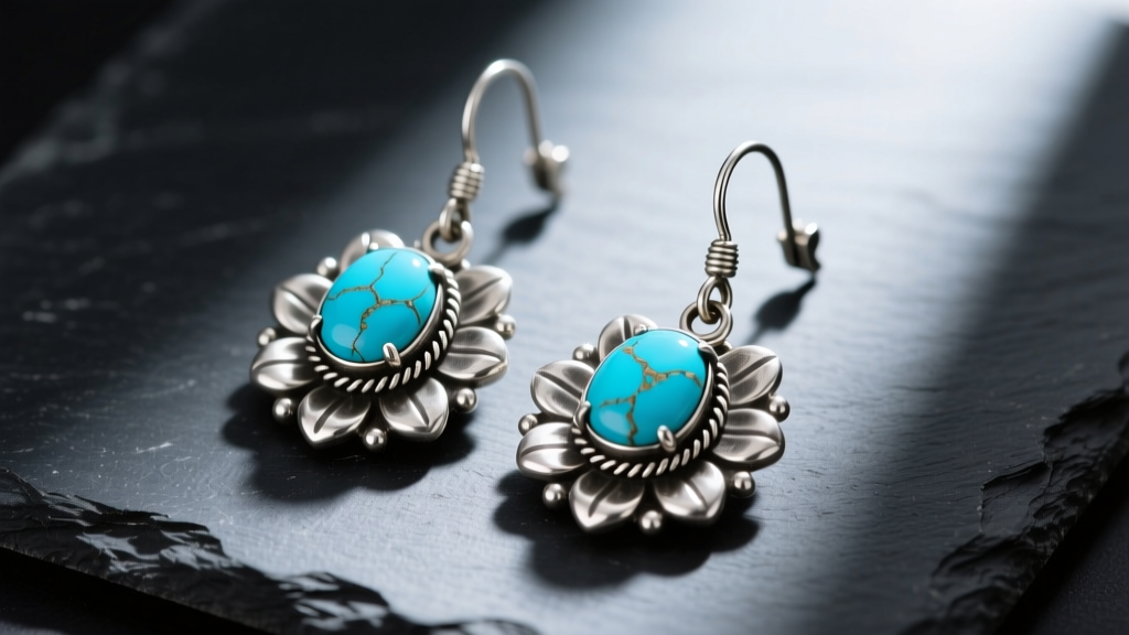 Overhead flat-lay of vintage sterling silver squash blossom earrings with vibrant blue turquoise stones resting on dark slate