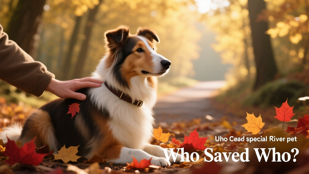 River the blind collie sits outside in leaves