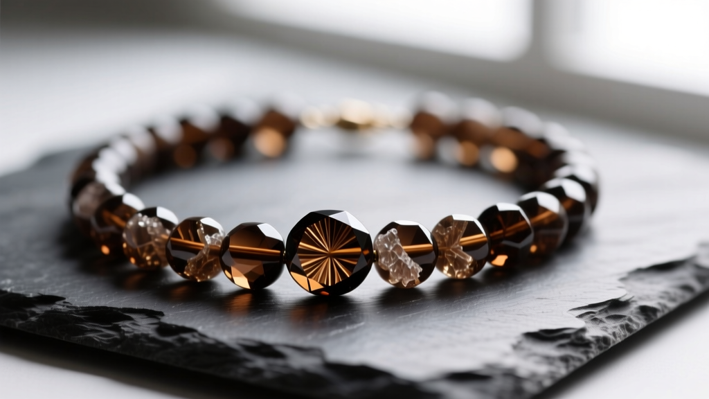 Close-up of a 10mm smoky quartz bead necklace on dark slate, highlighting rich brown translucency and internal crystal structures.