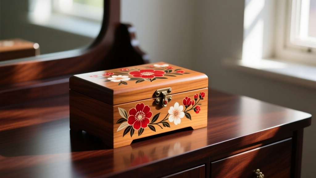 A hand painted wooden jewelry box with floral motifs resting on a dark mahogany vanity illuminated by soft morning light