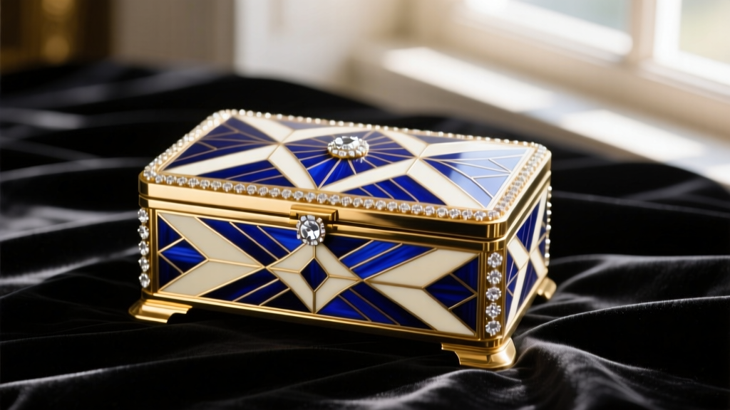A lavish 1920s Art Deco antique jewelry casket featuring geometric guilloché enamel and diamond accents, resting on dark velvet.