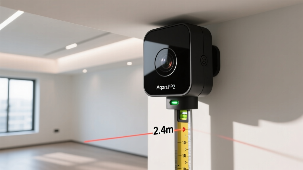 Close-up of an Aqara FP2 mmWave sensor mounted on a ceiling corner with a laser measure showing exactly 2.4 meters of height.