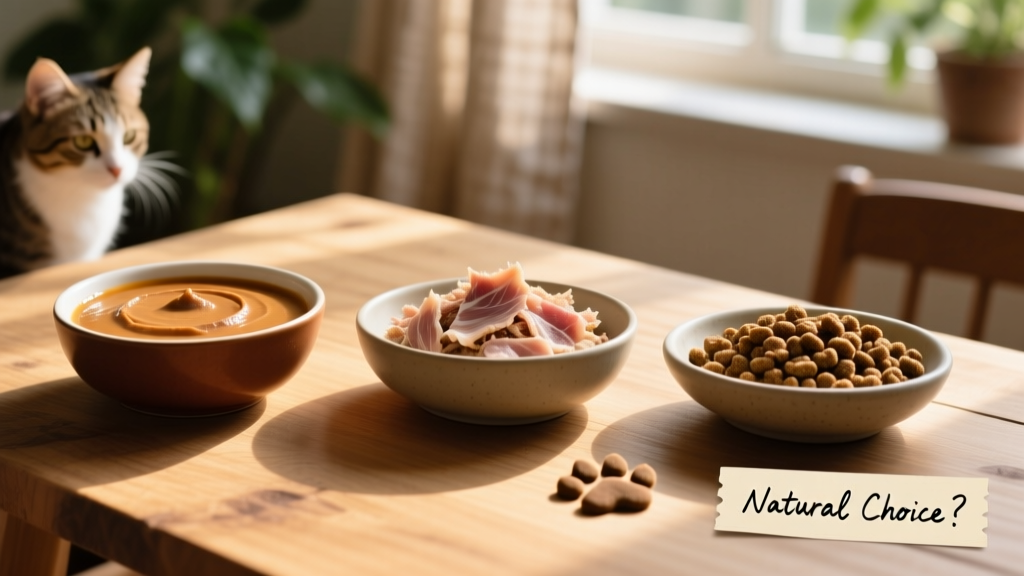 Three bowls of different natural cat foods: pate, flaked wet food, and limited-ingredient kibble