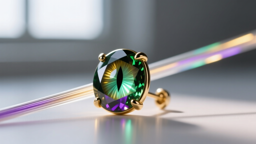 Macro view of natural chrysoberyl cat eye earring with sharp eye beside fiber optic glass showing multiple blurred light bands.