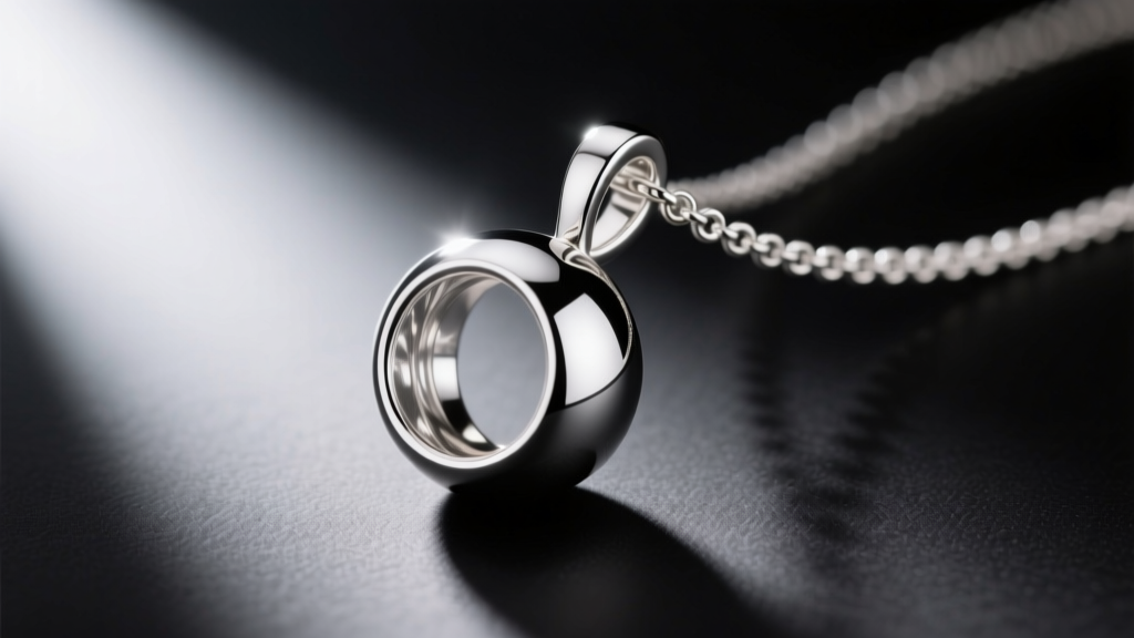 Macro shot of a 25mm hollow sterling silver big ball necklace pendant, showing the seamless bail and a high-polish mirror finish.