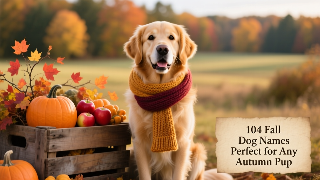 A smiling golden retriever wearing a tiny knitted scarf, sitting beside a rustic wooden crate filled with pumpkins, apples, and maple branches