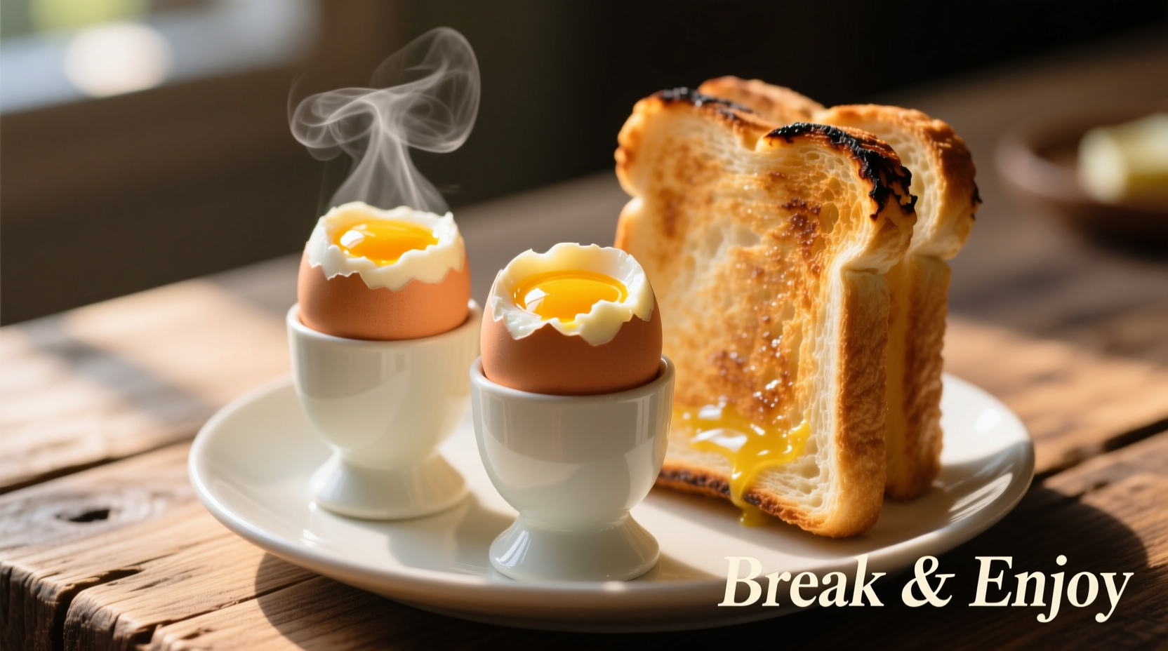 Perfect soft-boiled eggs in egg cups with toast soldiers