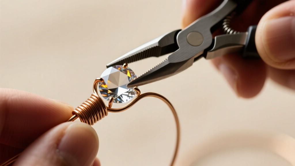 Hands using chain-nose pliers to tightly coil 24-gauge wire around a 20-gauge frame to secure a clear quartz briolette