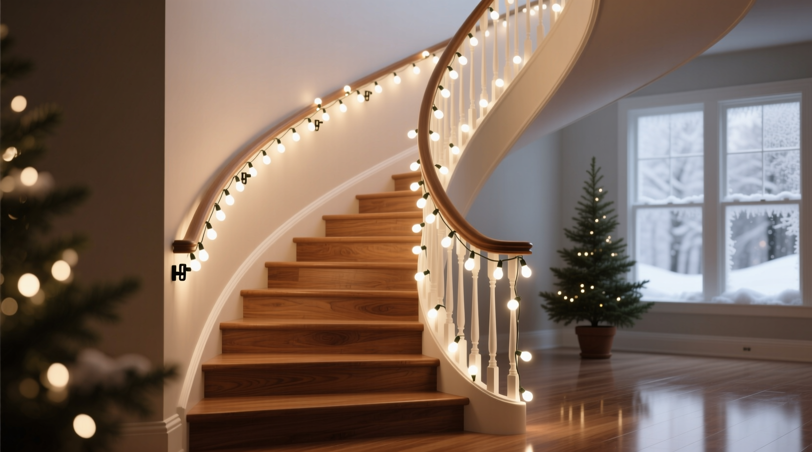 how to arrange christmas lights on a staircase railing for maximum visual flow and safety