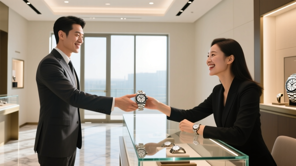 Associate handing a steel Rolex across a glass counter in a bright showroom to a smiling first-time buyer in soft morning light.
