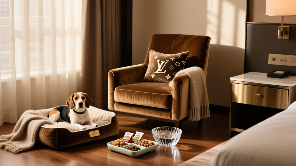 A stylish hotel room with a cozy dog bed, water bowl, and treats arranged neatly beside a luxurious armchair