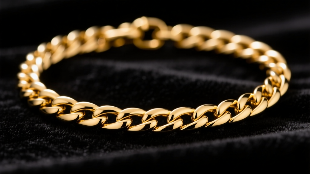 Close-up of a thick 18k yellow gold Italian Figaro chain necklace resting on dark velvet, highlighting the intricate link pattern.