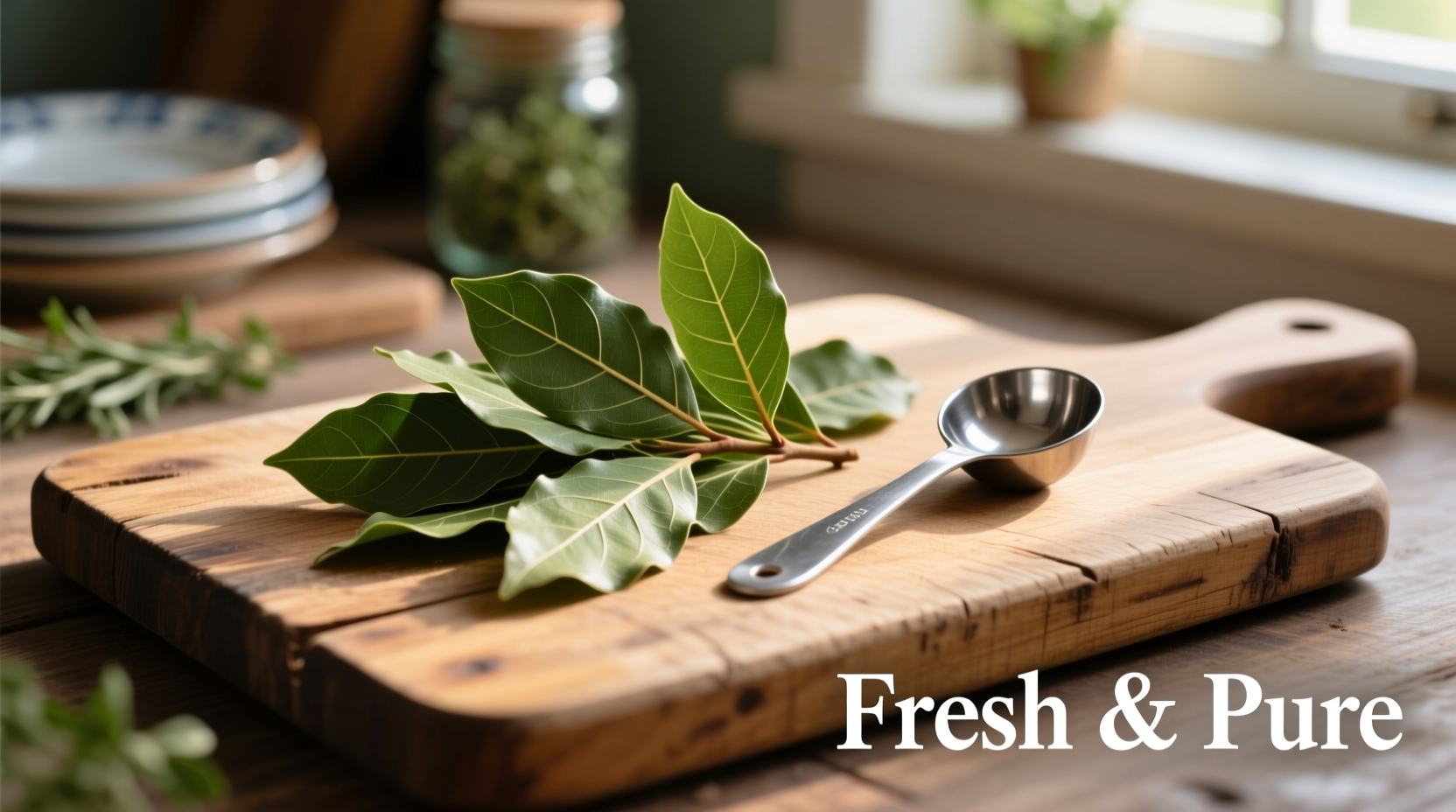 Fresh bay leaves on wooden cutting board with measuring spoon