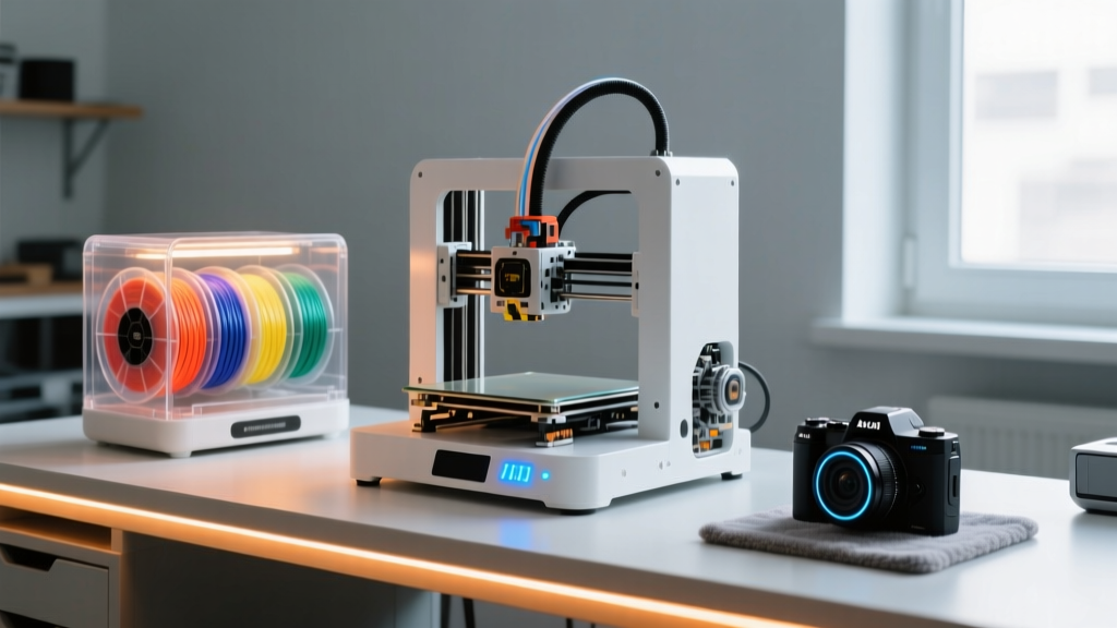 A neatly organized maker workbench featuring a 3D printer, filament dryer, and AI camera module illuminated by warm LED strip lights
