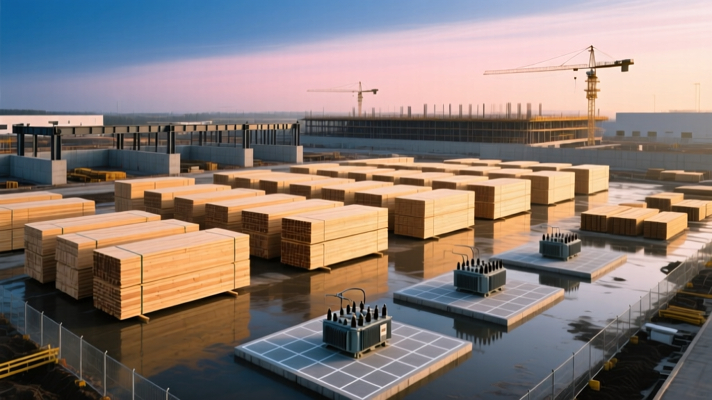 Aerial view of a commercial construction site at dawn, highlighting stacked engineered lumber and delayed electrical transformer pads