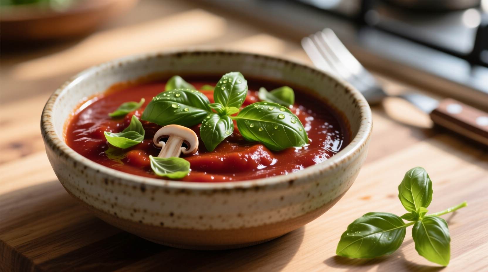Mushroom tomato sauce in ceramic bowl with fresh basil