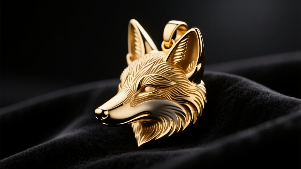 14k solid gold fox pendant on dark velvet, warm lighting highlighting engraved fur details and a polished snout.