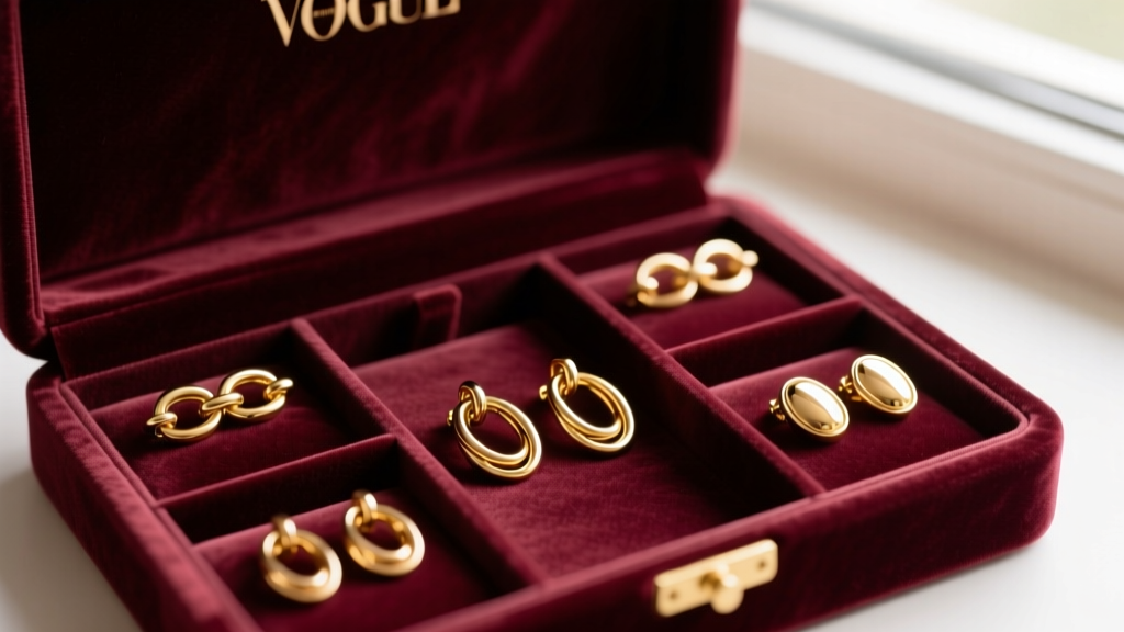 Velvet jewelry box compartments with untangled gold vermeil oval link earrings laid flat on the soft surface to prevent snagging.