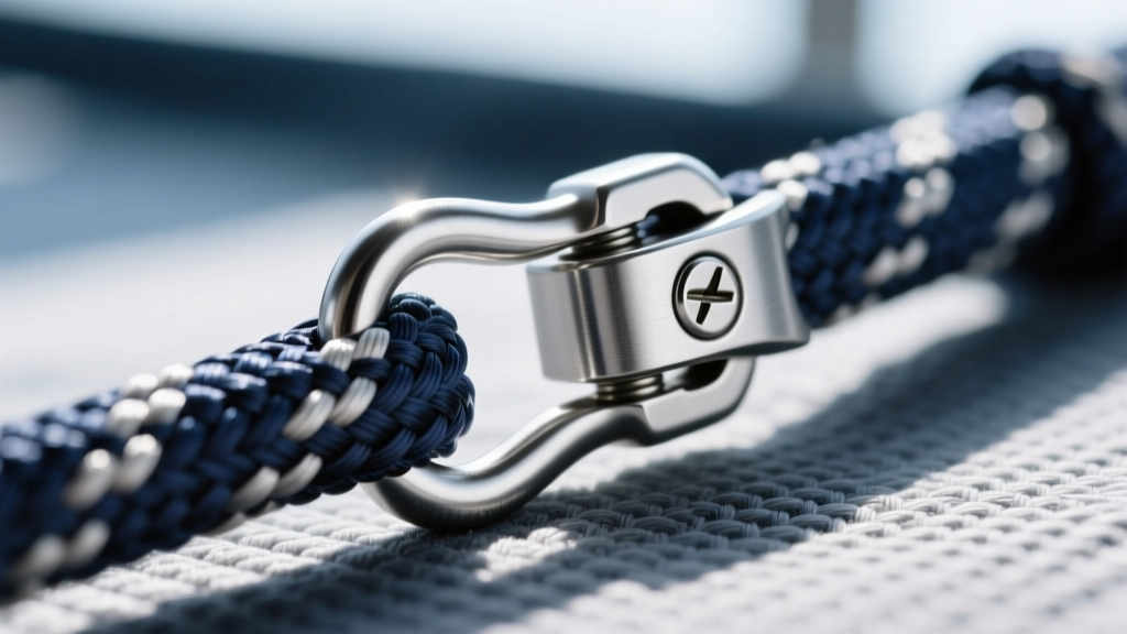 Macro shot of a 316L stainless steel screw-lock clasp on a woven synthetic surf cord, sharp focus on threading and metal grain