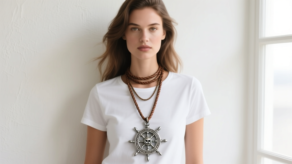 Model wearing a layered pirate necklace featuring a 20-inch leather cord and 24-inch silver ship wheel pendant over a white tee.
