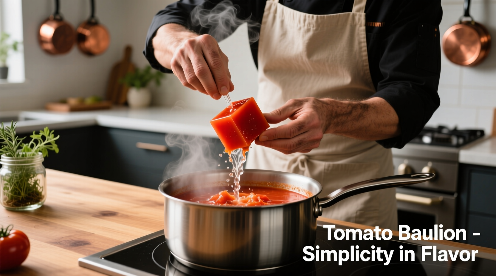Chef dissolving tomato bouillon in hot water