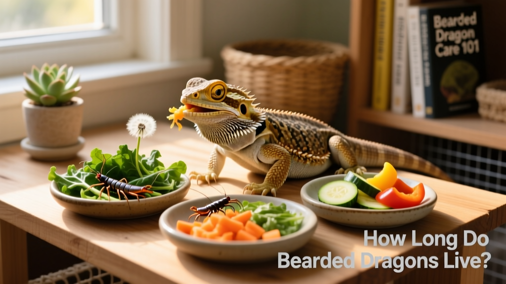 Fresh, varied bearded dragon meal: dubia roaches, leafy greens, and chopped vegetables in shallow dishes