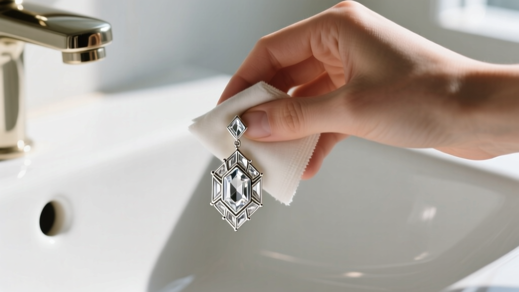Hands gently wiping a rhodium-plated Art Deco crystal earring with a microfiber cloth over a ceramic sink, avoiding harsh cleaners