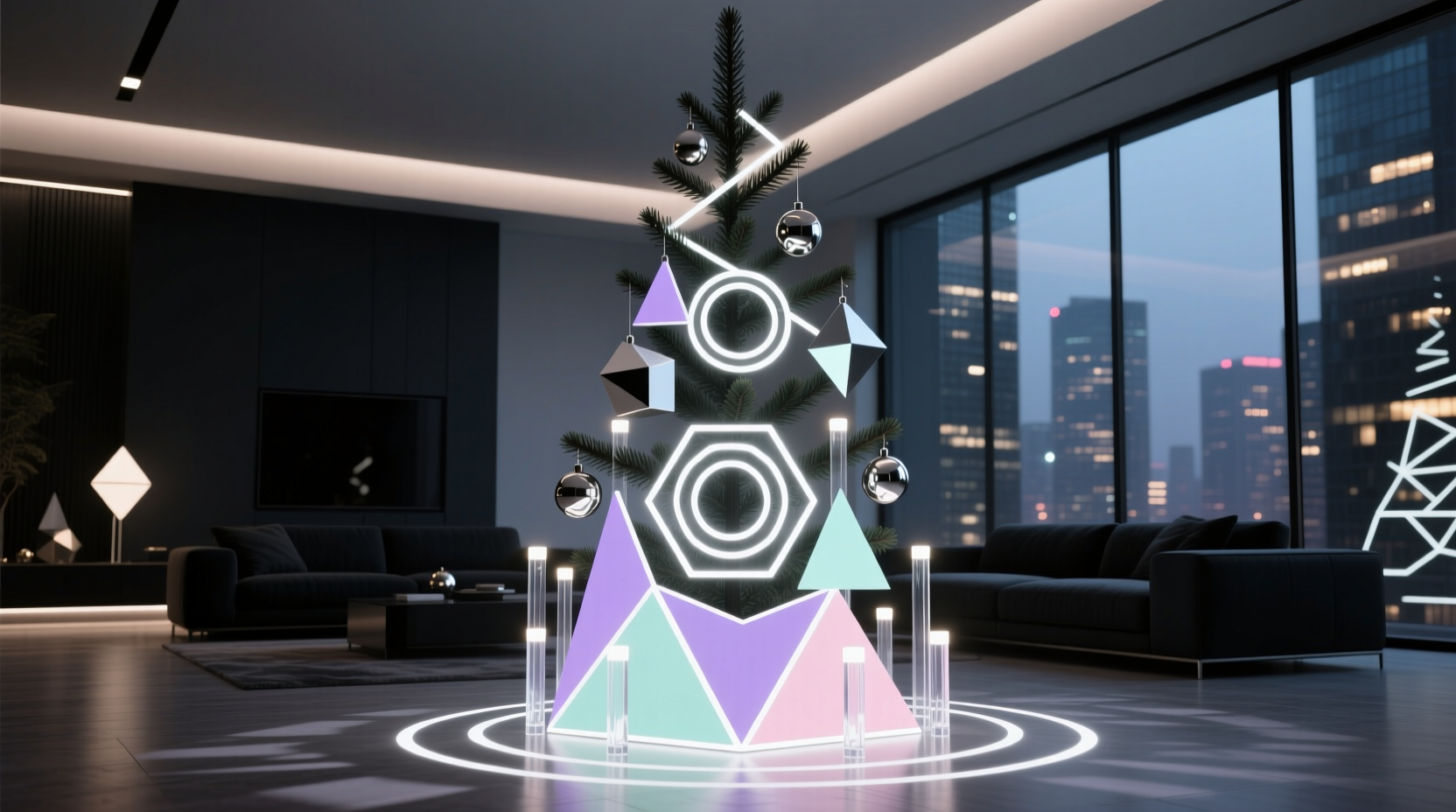 how to style a modern christmas tree with geometric light patterns